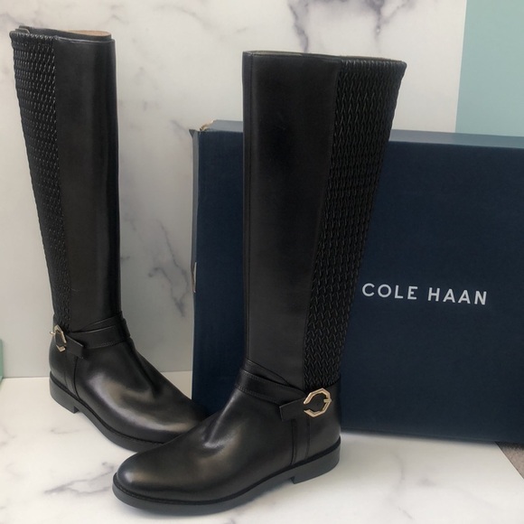 Cole Haan Womens Black Leela Leather Grand Riding Boots Knee High Size 6B New - Picture 1 of 13